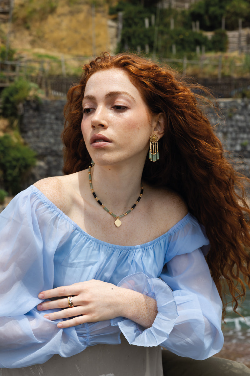 "Seed Green — Orecchini Corti in Argento 925 e Oro 18K con Avventurina Verde · Collezione Roots"